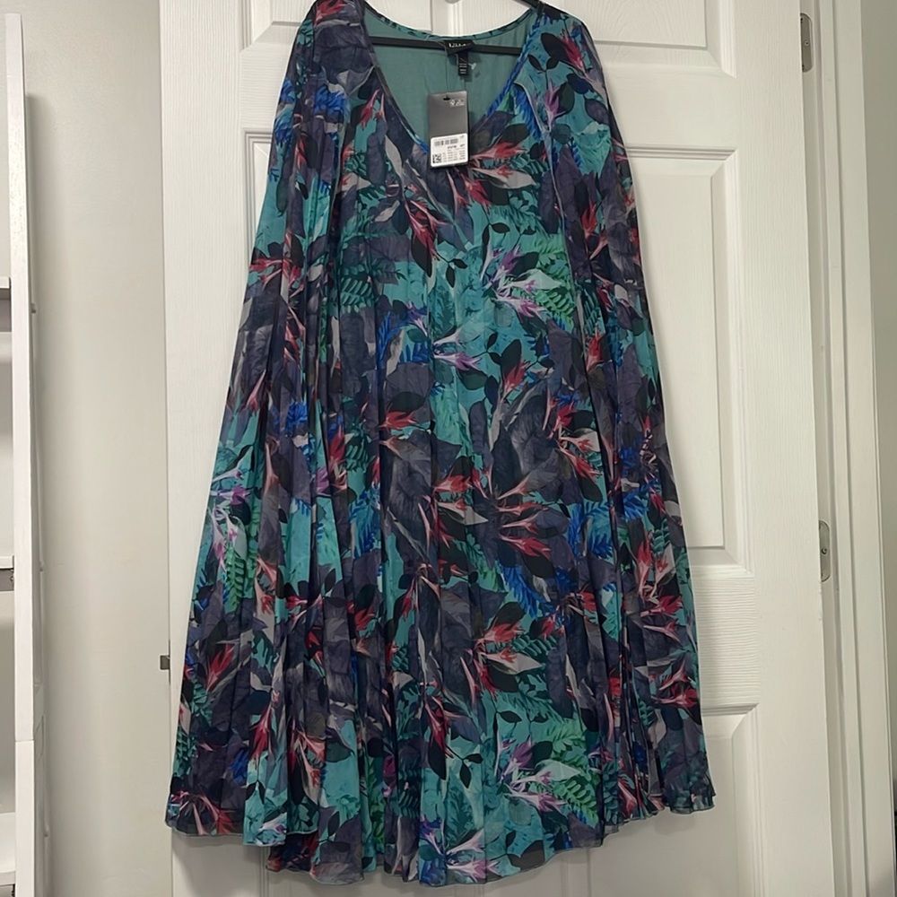Ulla Popken curvy oversized pleated Tropical Print cape sleeve dress